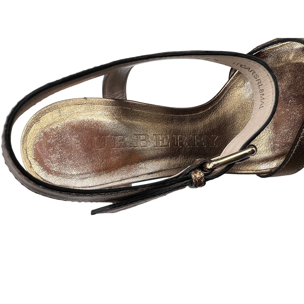 Burberry Wedge Sandals Womens 37.5 Bronze Good House Check Metallic Strappy Heel - Picture 6 of 8